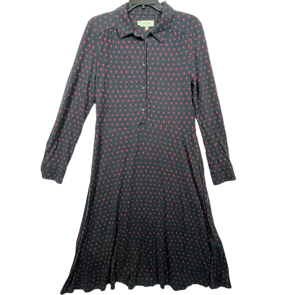 HOBBS Women's Long Sleeve Black/Red Midi Dress 8 US Collar Front Botton Closure